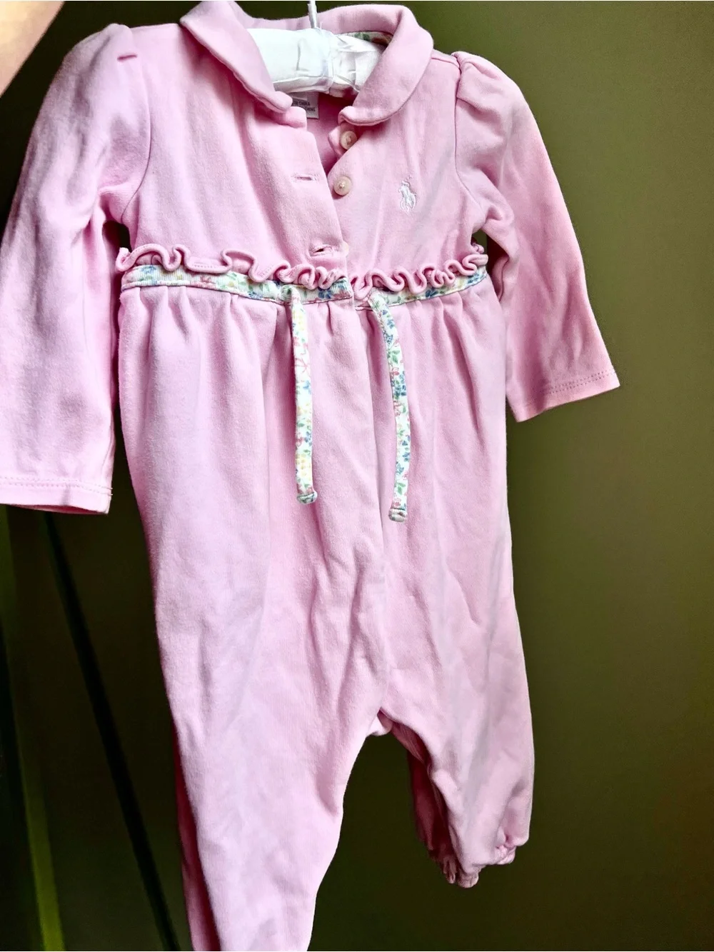Ralph Lauren Pink Long-Sleeve Baby One-Piece with Floral Trim
